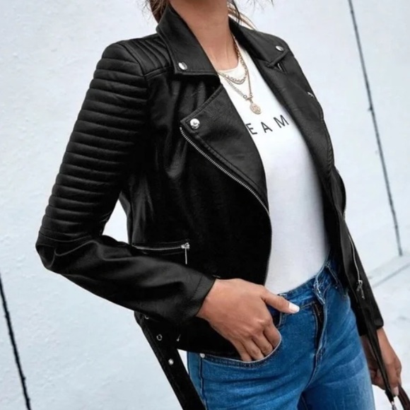 Luxe black vegan leather zipper biker moto motorcycle jacket - Picture 4 of 4